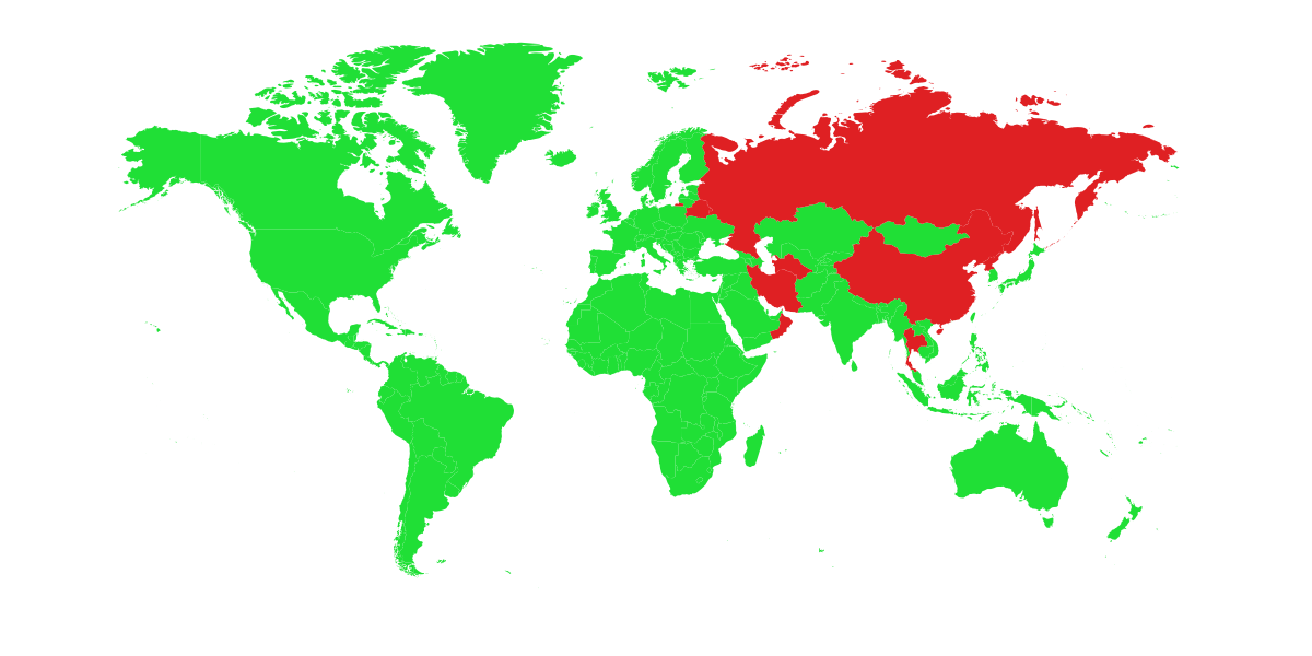 VPN legality map 2025: Green=Legal, Red=Restricted